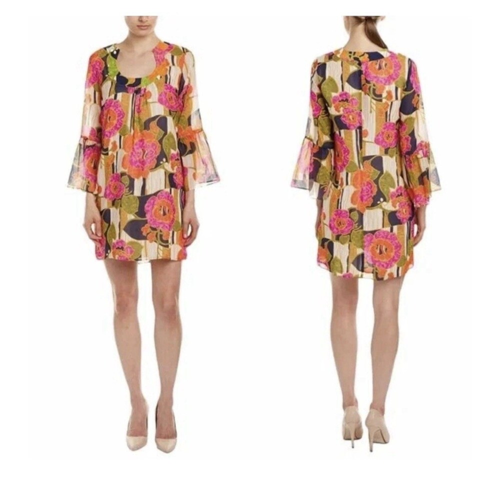 Trina Turk Floral Silk Shift Dress 4 Retro Floral Luxury Bell Sheer Sleeve
